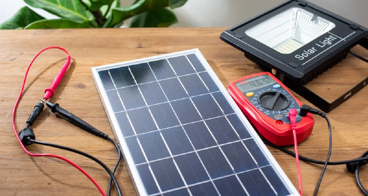 A solar panel and a separate solar floodlight on a wooden table, with a multimeter attached to measure the voltage output from the panel, showing how solar energy is generated