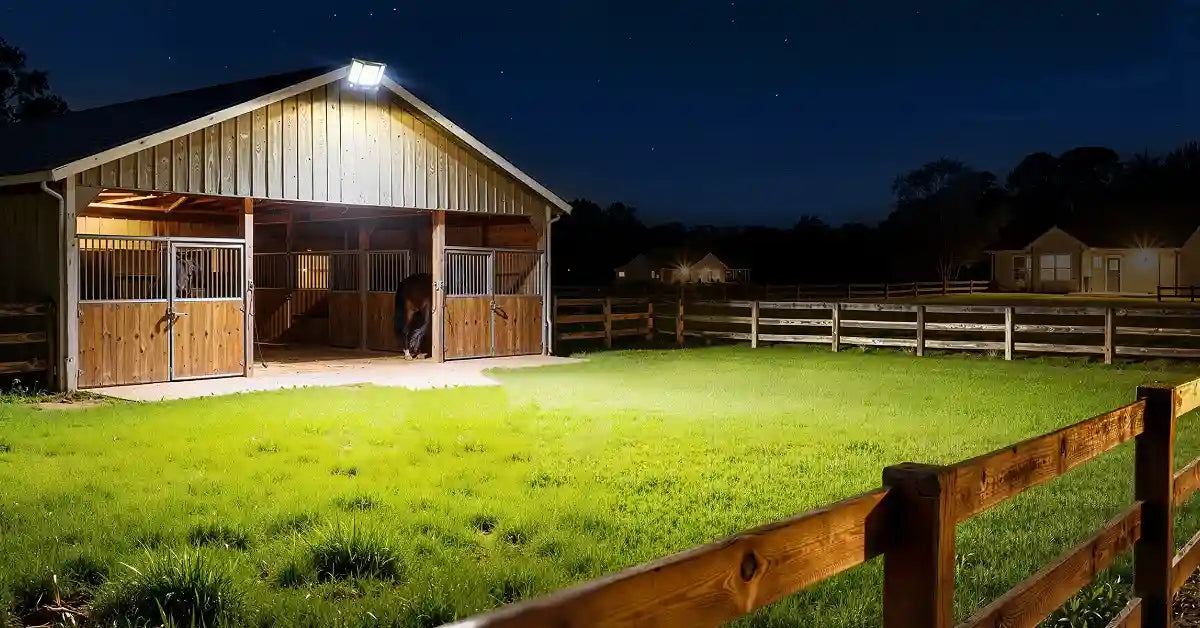 Working outdoor solar flood light mounted on wooden barn illuminating yard at night, example of properly functioning solar light