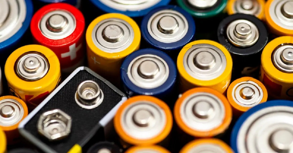 A colorful collection of various regular batteries, like AA and AAA, questioning if they can be used in solar lights instead of rechargeable ones.