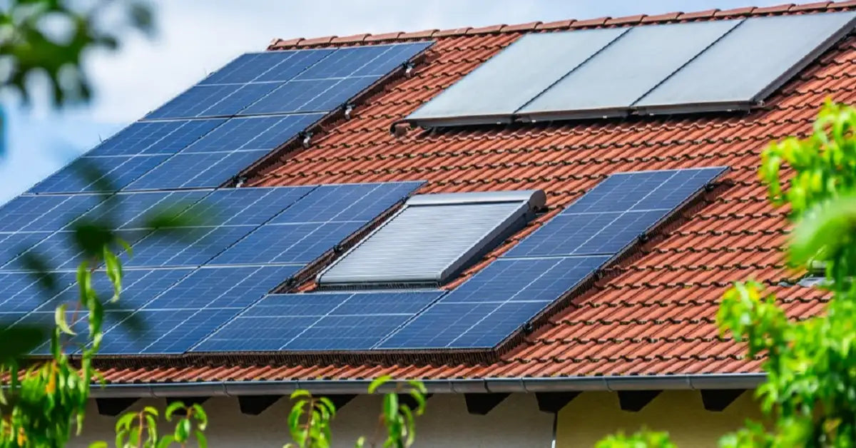 Blue-solar-panel-system-mounted-on-red-tiled-house-roof-examining-if-rooftop-solar-affects-human-body-health-at-home