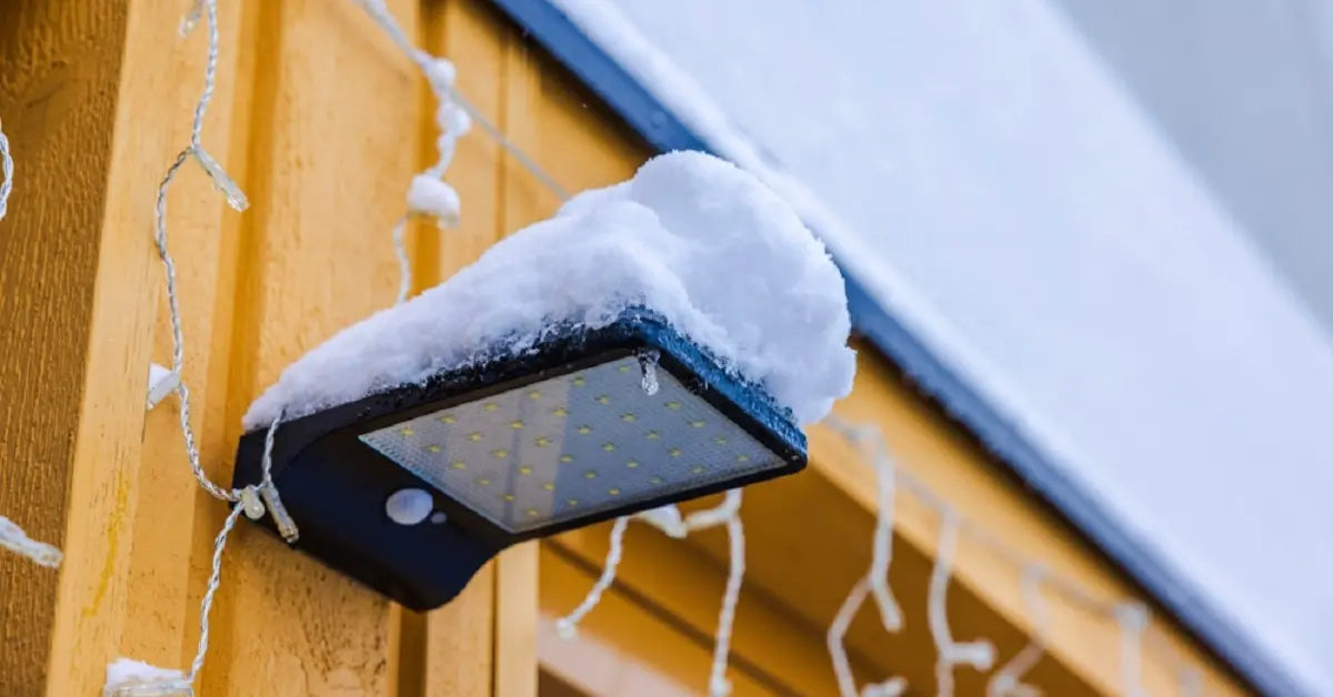 A black solar wall light mounted on a yellow wooden house, covered in a thick layer of snow with a small icicle hanging from the edge, with snow-dusted string lights in the background.
