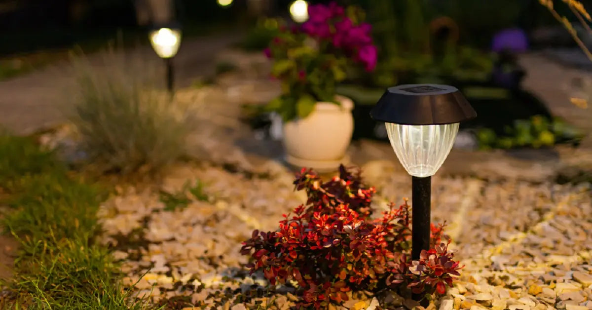 Solar-powered garden stake light illuminating a gravel pathway at night, surrounded by red foliage and potted plants