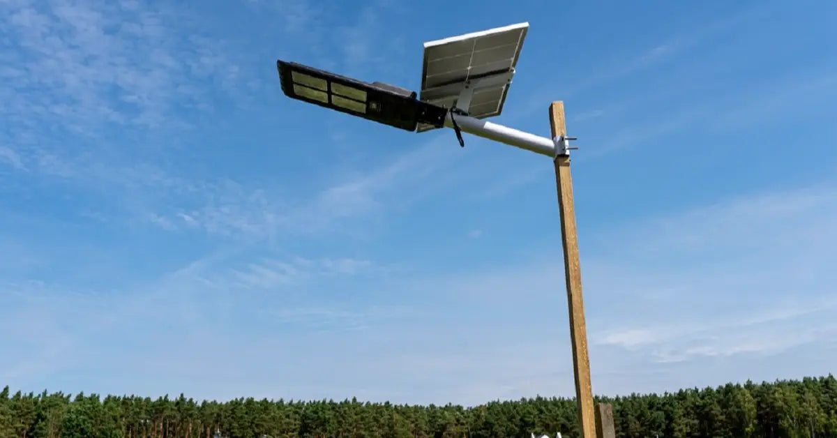 Solar-powered street light with panel mounted on a wooden pole in a residential area, daytime view.