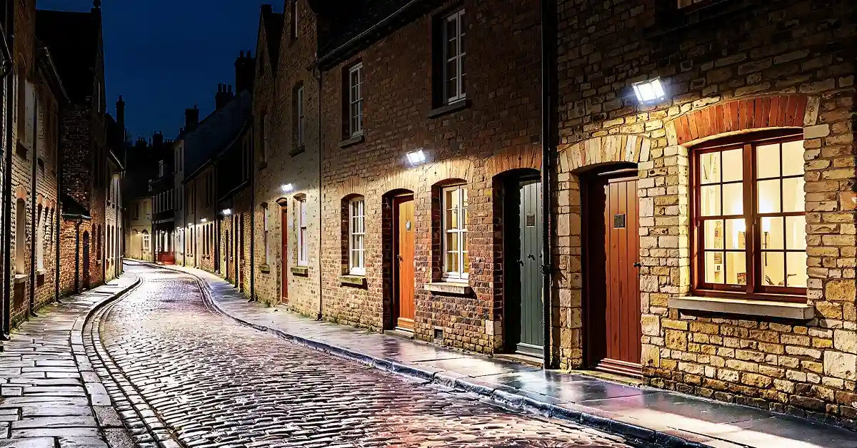 Solar‑powered flood lights mounted on brick houses illuminating cobblestone residential street at night, showing real‑world solar lighting application benefits