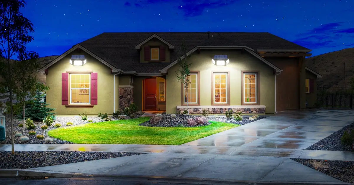 Suburban single-story house with outdoor security lights illuminating the exterior at night, showcasing automatic dusk-to-dawn lightin