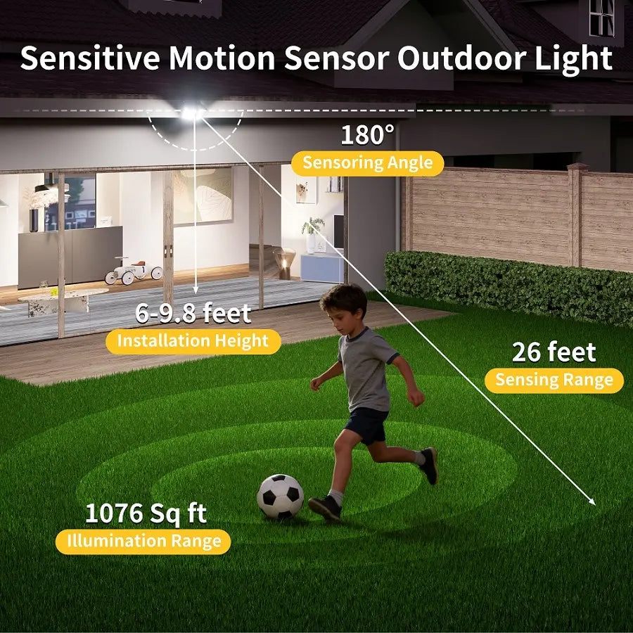 Advanced 180 degree radar motion sensor outdoor light covering up to 1076 square feet and a 26 feet sensing range.