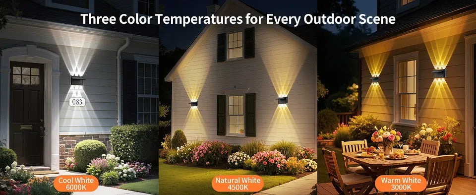 Examples of cool white, natural white, and warm white solar lights used for front doors, pathways, and patio dining.