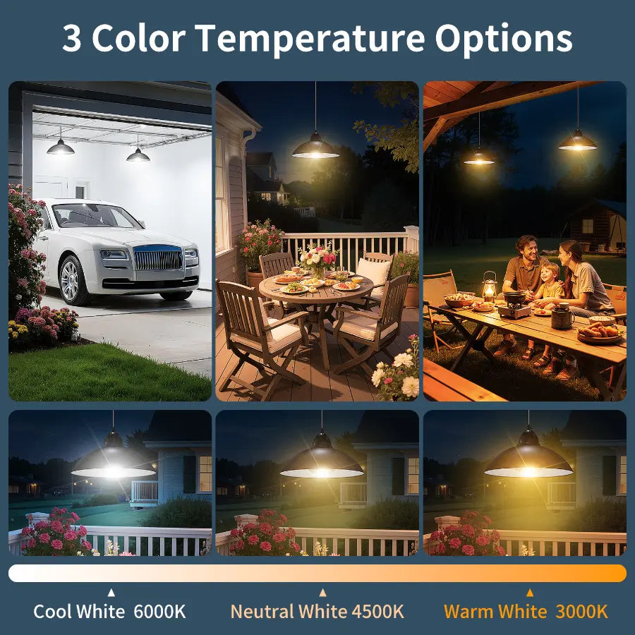 3 color temperature options of the solar shed light: cool white for garages, neutral and warm white for outdoor patio dining.