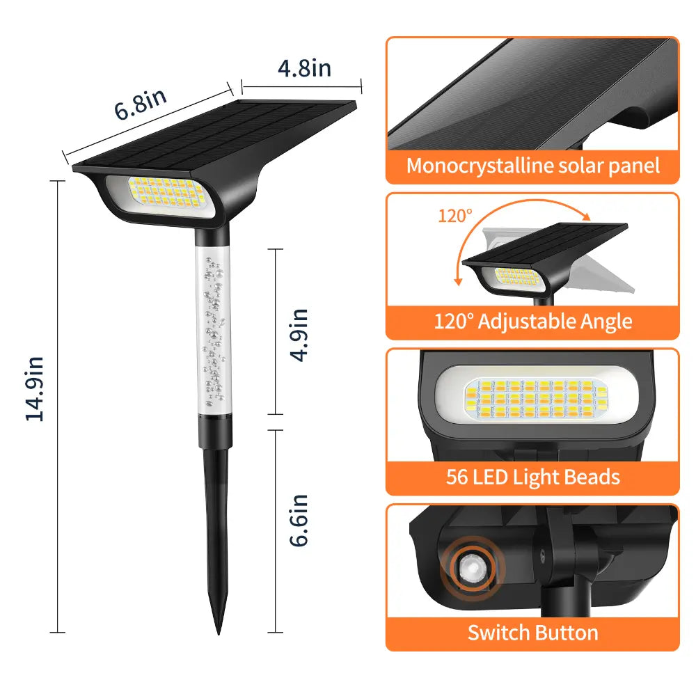 Diagram showing the dimensions and features of the adjustable solar spotlight with 56 LED beads