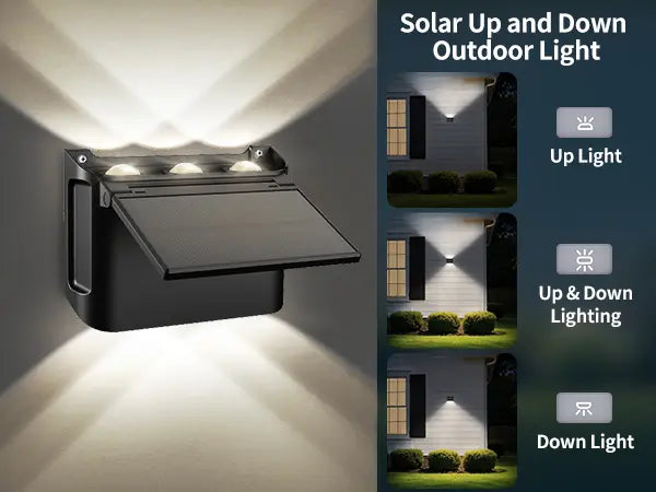Solar wall sconce demonstrating independent control options for up lighting only, down lighting only, or combined up and down lighting.