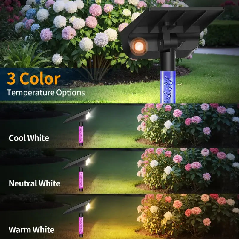 Adjustable white temperature solar garden lights showing cool, neutral, and warm options