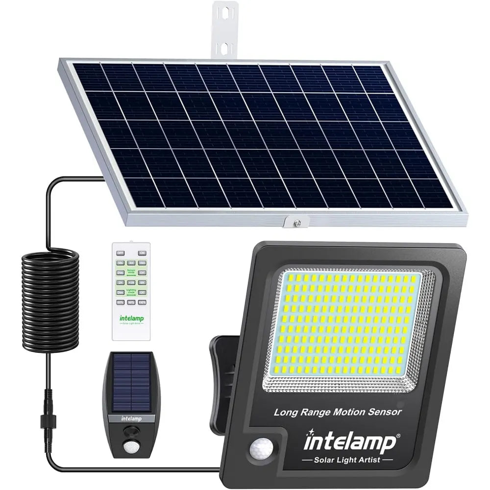 Black Intelamp outdoor waterproof solar flood light kit featuring a dusk-to-dawn LED lamp, separate solar panel, remote control, and linkable motion sensor case.