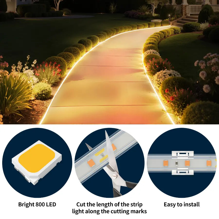 Easy to install, flexible and cuttable solar LED strip lights featuring 800 bright LEDs for custom path lighting.