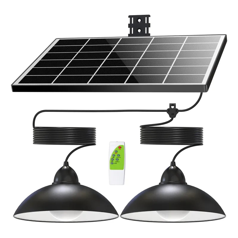 Complete kit of dual-bulb solar pendant lights featuring a large separate solar panel, two long extension cables, and a remote control for versatile indoor and outdoor use.