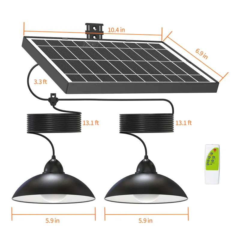 Detailed product dimensions for the dual solar pendant lights, showcasing the 10.4-inch solar panel, 5.9-inch light shades, and generous 13.1-foot extension cables.
