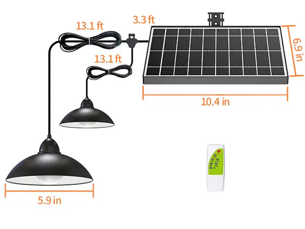 A technical diagram showing the dimensions of the dual solar pendant light system, including the Y-splitter cable that connects both lights to a single solar panel.