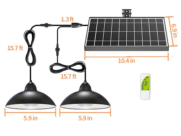 A technical diagram showing the dimensions of the dual solar pendant light system, including the Y-splitter cable that connects both lights to a single solar panel.