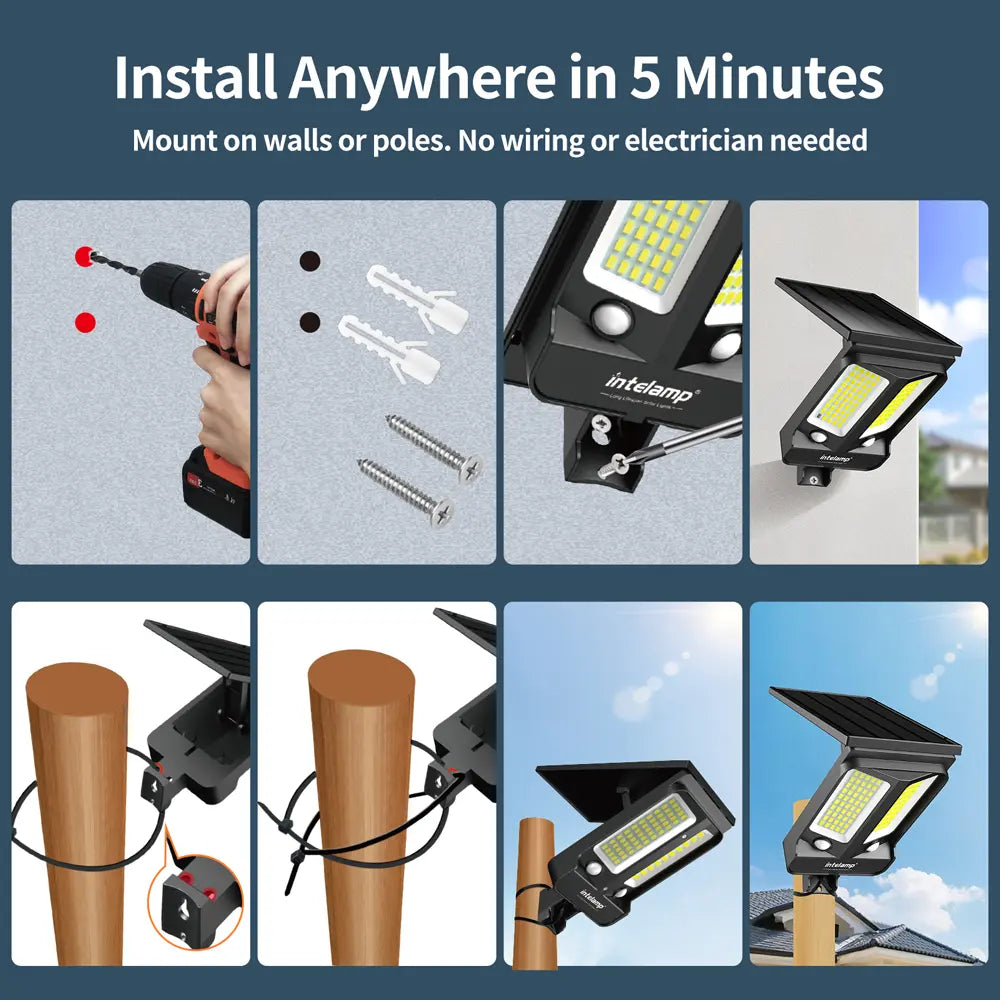 Two easy installation methods for Intelamp solar lights: wall mount with screws and pole mount with zip ties. No wiring needed.