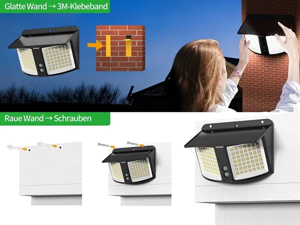 Two easy installation methods for solar wall light using either 3M adhesive tape for smooth walls or screws for rough walls.