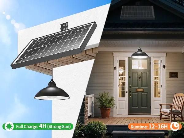 A split image demonstrating the fast 4-hour full charge time of the solar pendant light in strong sun, which delivers a long-lasting 12 to 16-hour runtime at night.