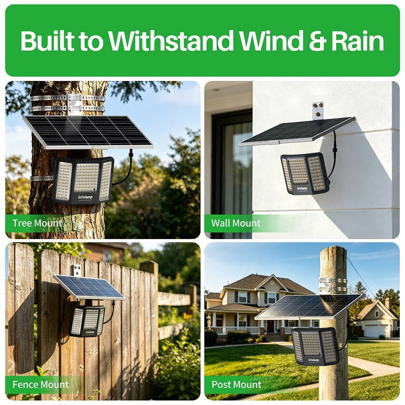 Flexible and wire-free installation options for the outdoor solar flood light, demonstrating easy setup on trees, exterior walls, wooden fences, and posts.
