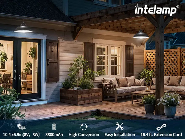 A beautifully lit patio featuring dual solar pendant lights, with icons highlighting the large solar panel, 3800mAh battery, and 16.4 ft extension cord.
