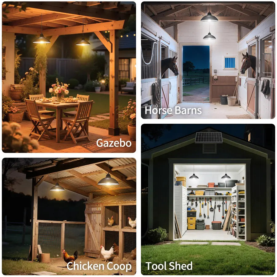 Versatile indoor and outdoor applications of the dual solar pendant light in a gazebo, horse barn, chicken coop, and tool shed.