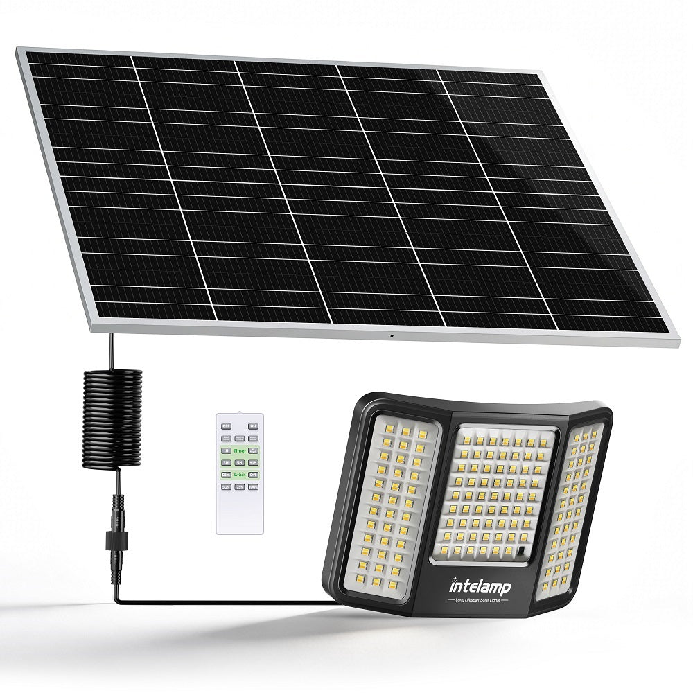 Complete Intelamp 2000LM outdoor solar flood light kit displayed on a white background, featuring the 3-sided LED fixture, 24W solar panel, 16.4-foot waterproof cable, and multi-function remote control.