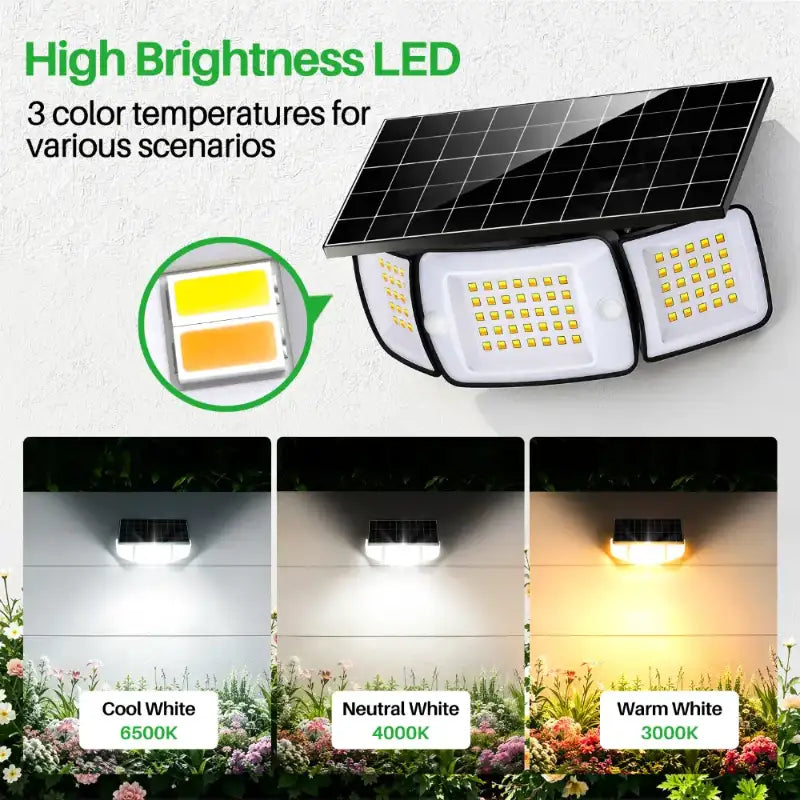3 color temperature settings including 3000K warm white 4000K neutral and 6500K daylight for patio and yard