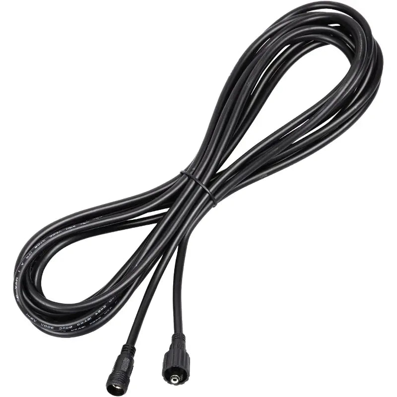 The full 5-meter black intelamp DC extension cable coiled and displayed against a white background, showing its length and connectors.