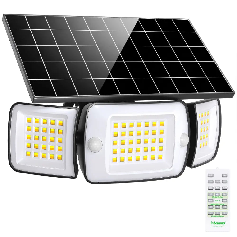 intelamp 2000LM commercial grade solar motion security flood light with adjustable 3 heads and wireless remote control