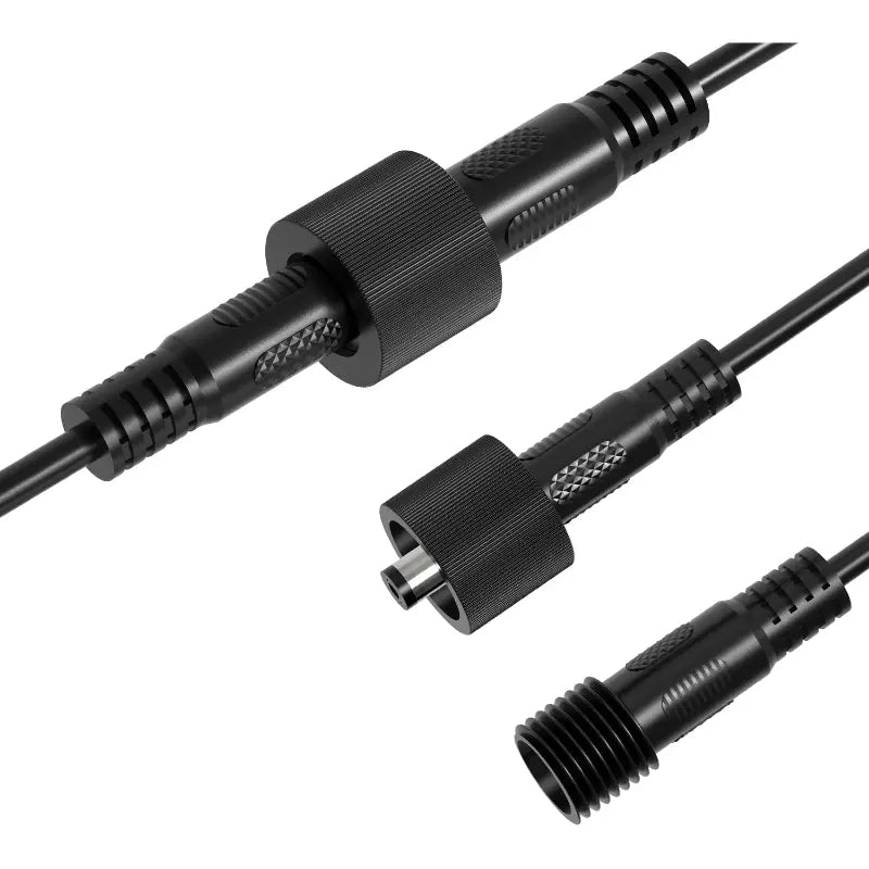 Multiple angles of the intelamp DC extension cable, showing the connectors both separated and securely interlocked for a reliable connection.
