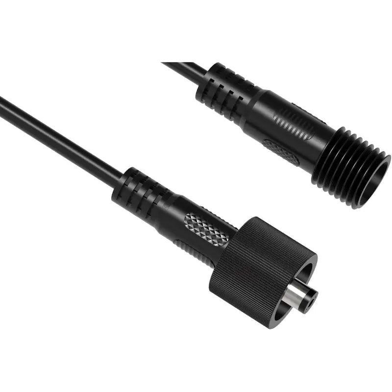 A close-up view of the male and female 5.5mm x 2.1mm connectors on the intelamp waterproof DC extension cable for outdoor lights.