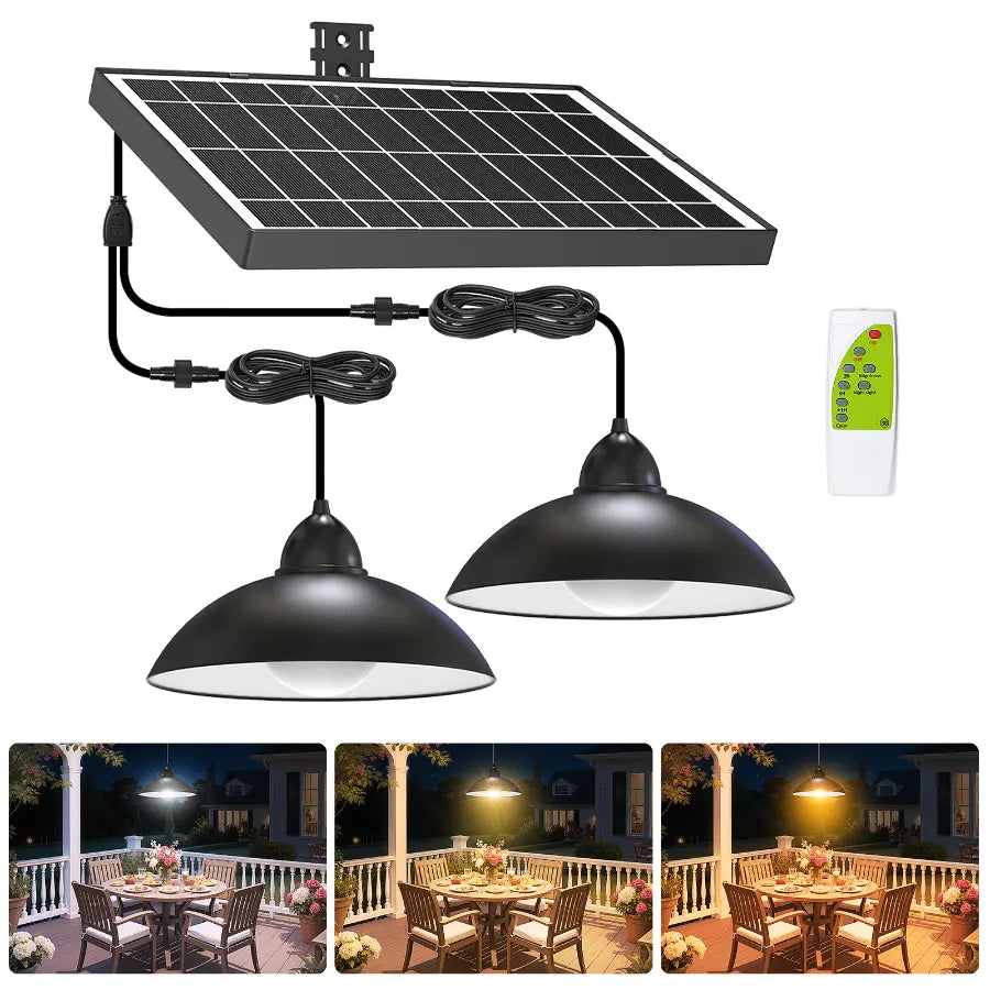 intelamp dual bulb solar shed light with remote control and solar panel on white background.