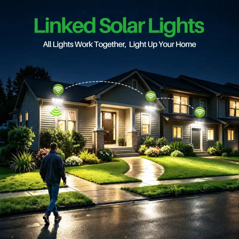 intelamp linkable wireless outdoor solar lights synchronized motion detection across garage and driveway