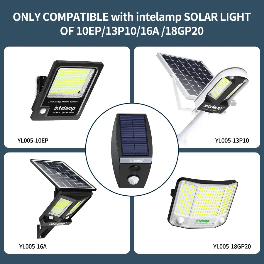A compatibility chart showing that the intelamp linkable motion sensor is designed exclusively for use with intelamp solar light models 10EP, 13P10, 16A, and 18GP20.