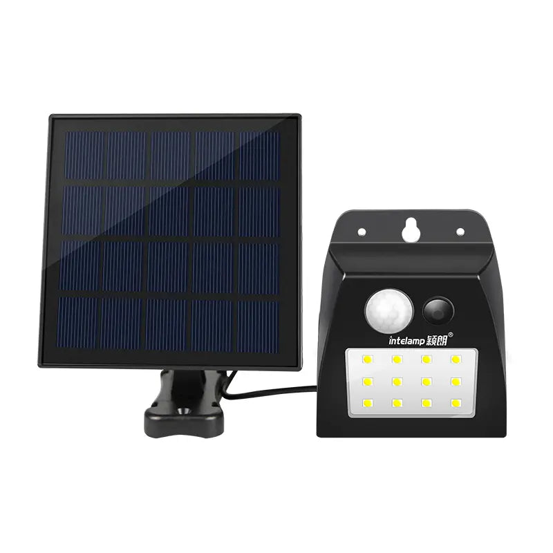 Intelamp separated solar panel PIR motion sensor outdoor LED security wall light, white background product shot