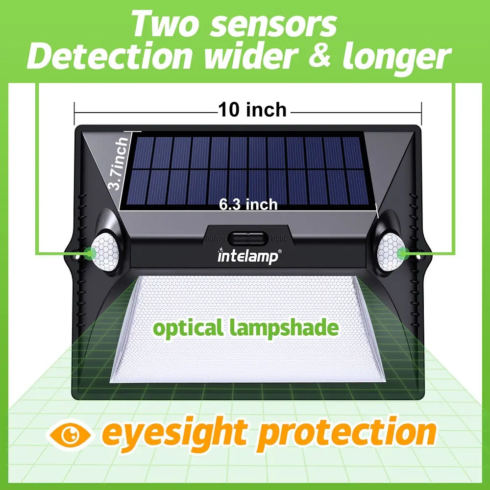 intelamp solar deck light with dual motion sensors, 180° wide detection range and eye-safe optical lampshade