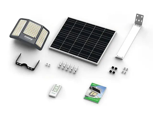 Complete Intelamp solar flood light package contents, showing the LED light unit, monocrystalline solar panel, remote control, mounting brackets, and installation hardware.