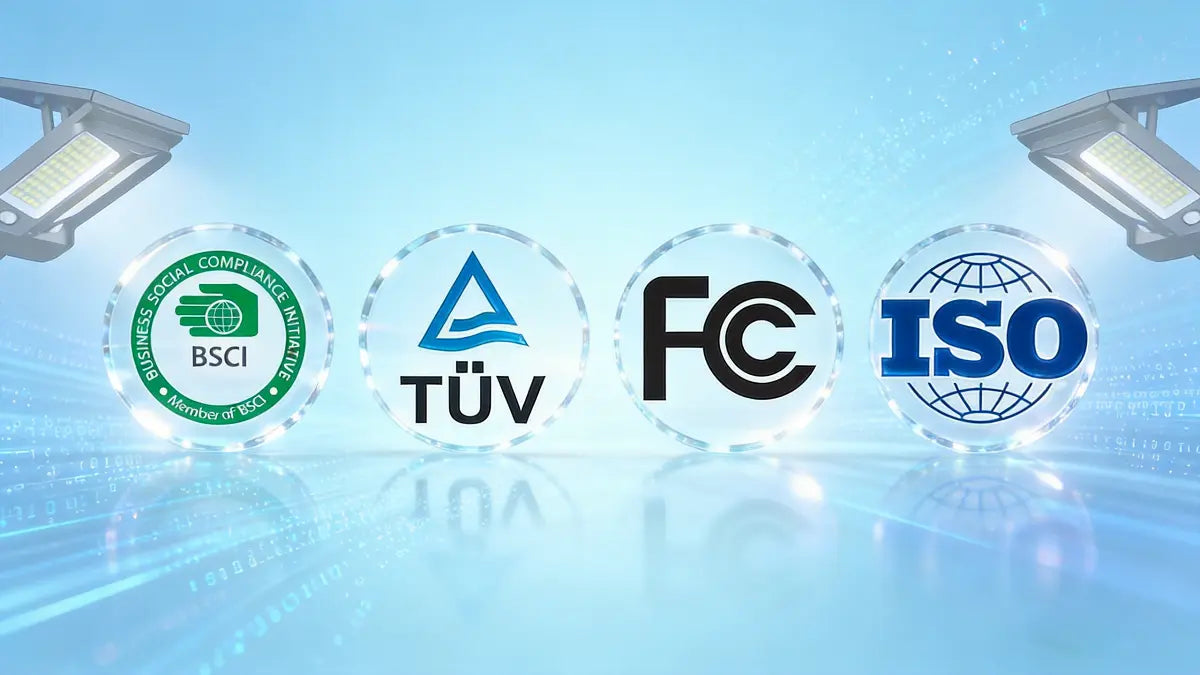 Intelamp solar light certification badges display: BSCI, TÜV, FC, ISO logos with solar lamp tech background