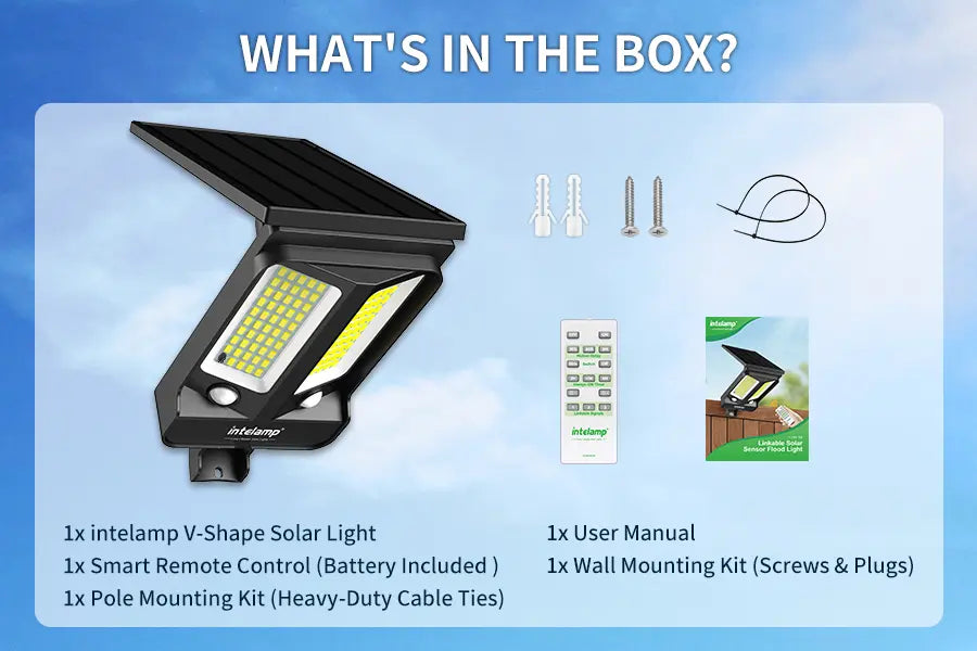 Package contents including Intelamp V-Shape solar light, smart remote control, user manual, and mounting hardware kit.
