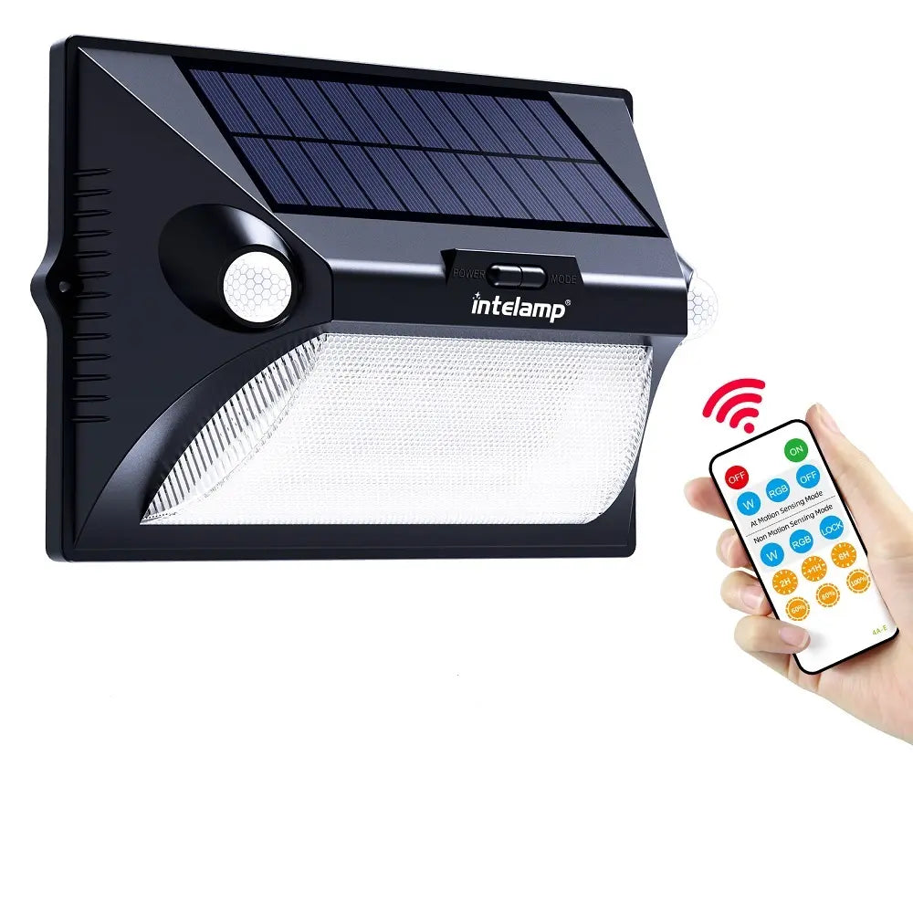 intelamp solar motion sensor deck light with remote control, IP65 waterproof outdoor LED wall light with RGB color changing