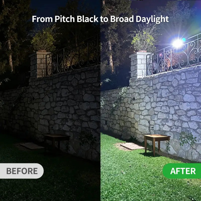 Before and after lighting comparison showing intelamp solar outdoor light illuminating a dark backyard at night