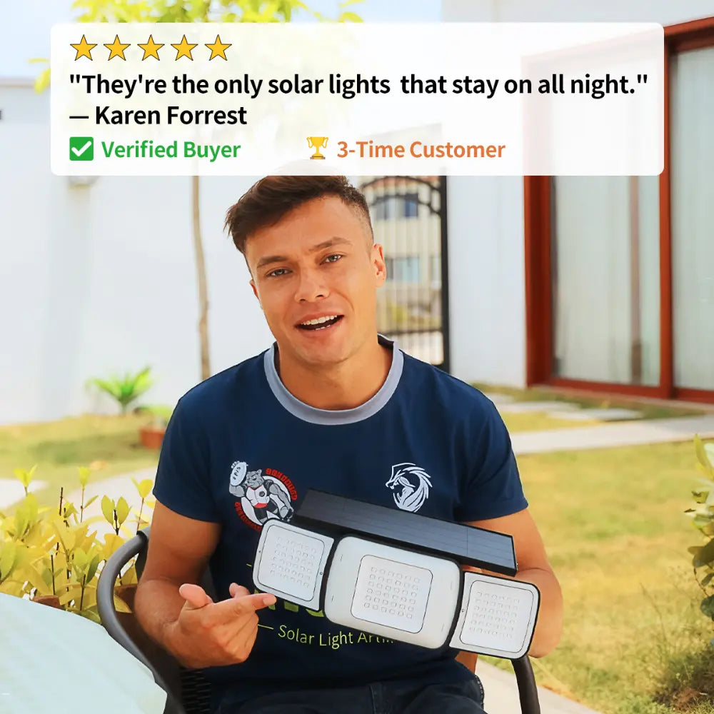 Athlete Peter Anthony holding intelamp solar outdoor light with 5-star customer review endorsement