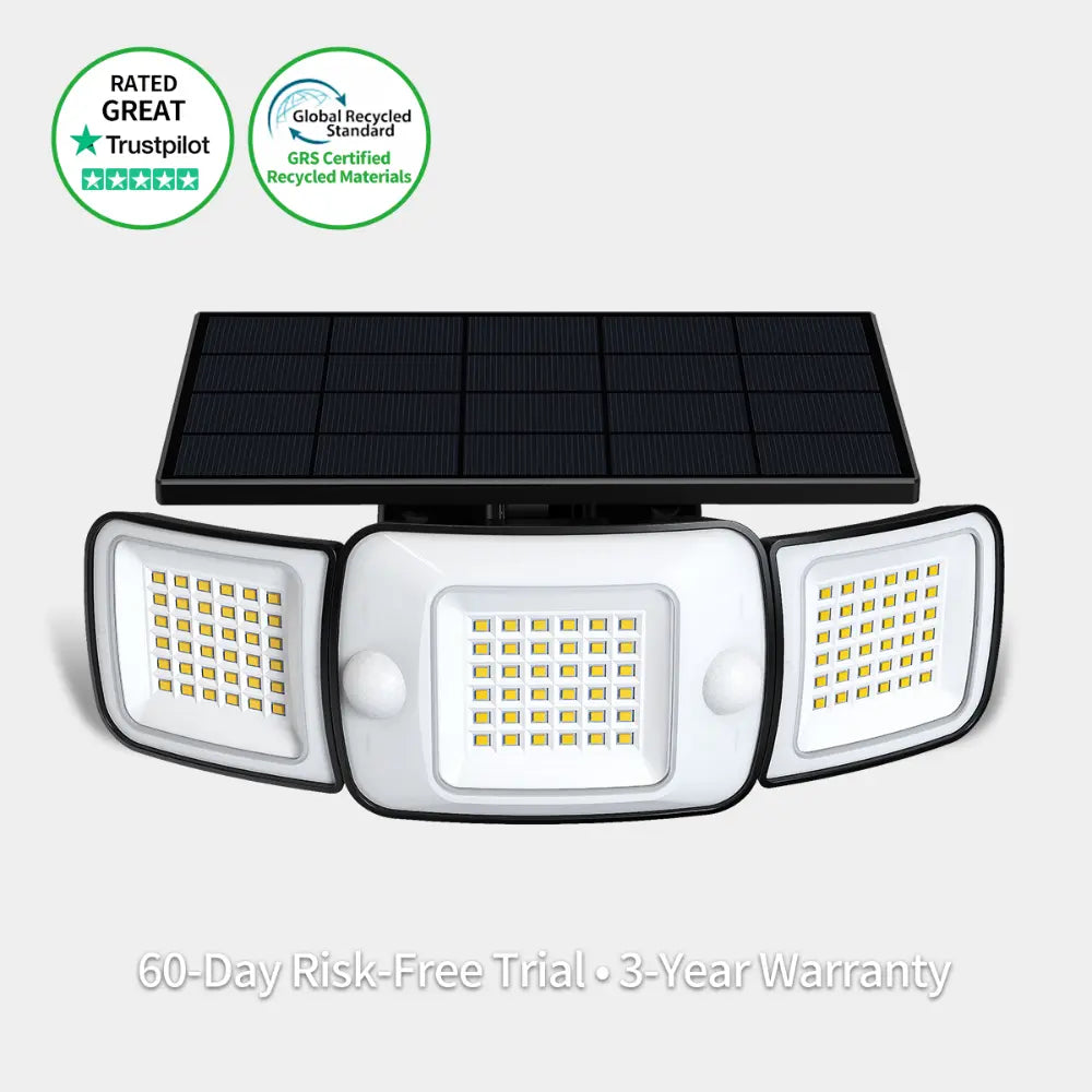 intelamp 3-head solar outdoor motion sensor flood light with solar panel and trust badges