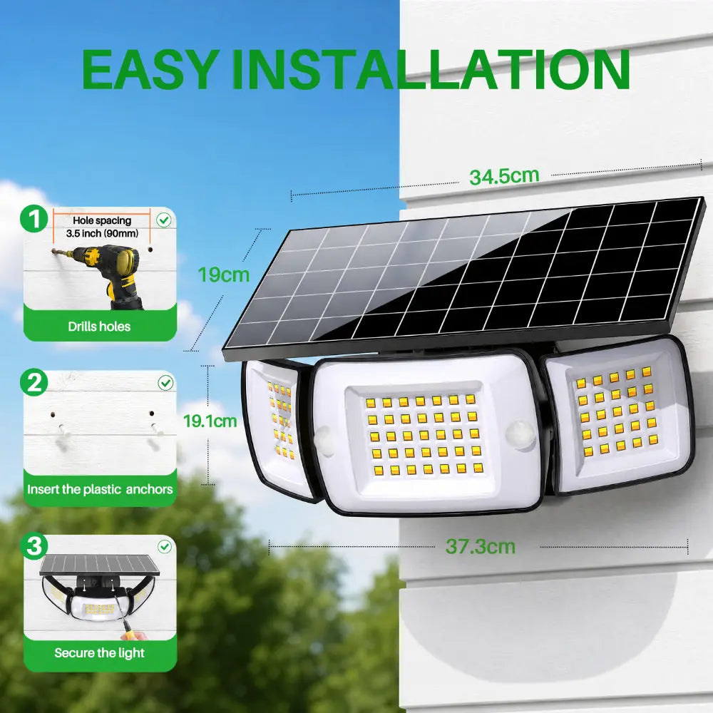 Product dimensions and 3 step easy DIY mounting installation guide for intelamp solar outdoor light
