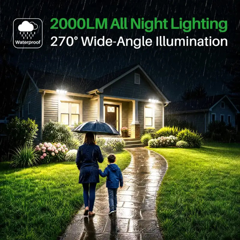 Weatherproof IP65 rated outdoor solar flood light with 270 degree wide angle illumination shining in heavy rain