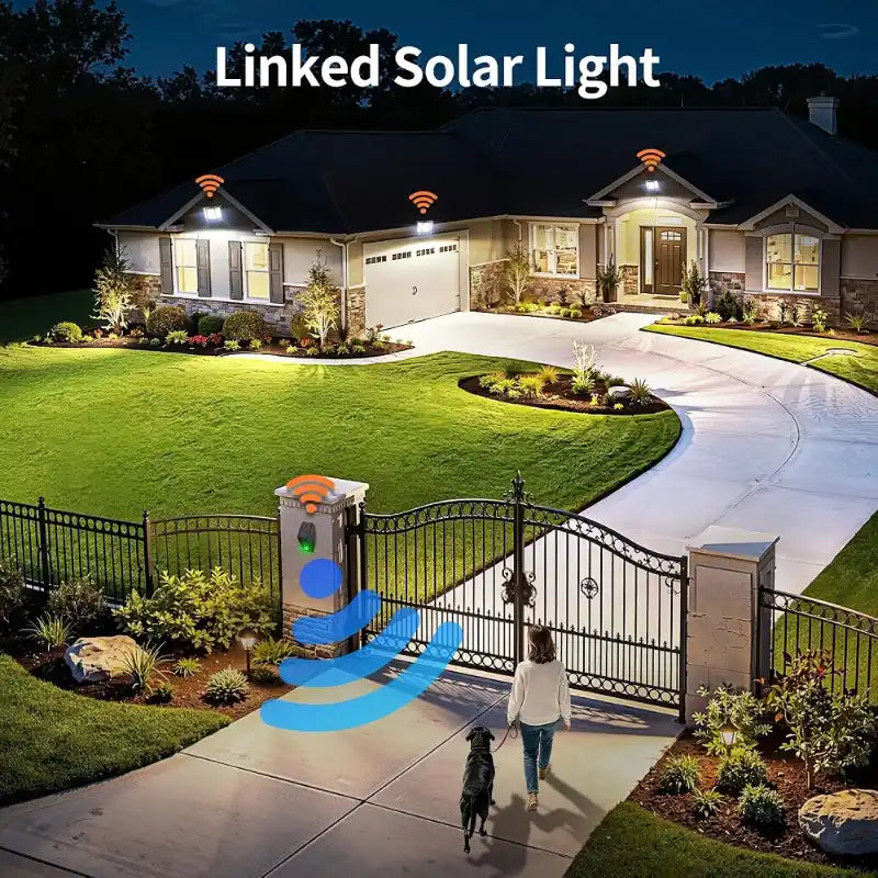 intelamp linkable solar flood light outdoor wireless linked lighting system multi‑light synchronization villa home yard application