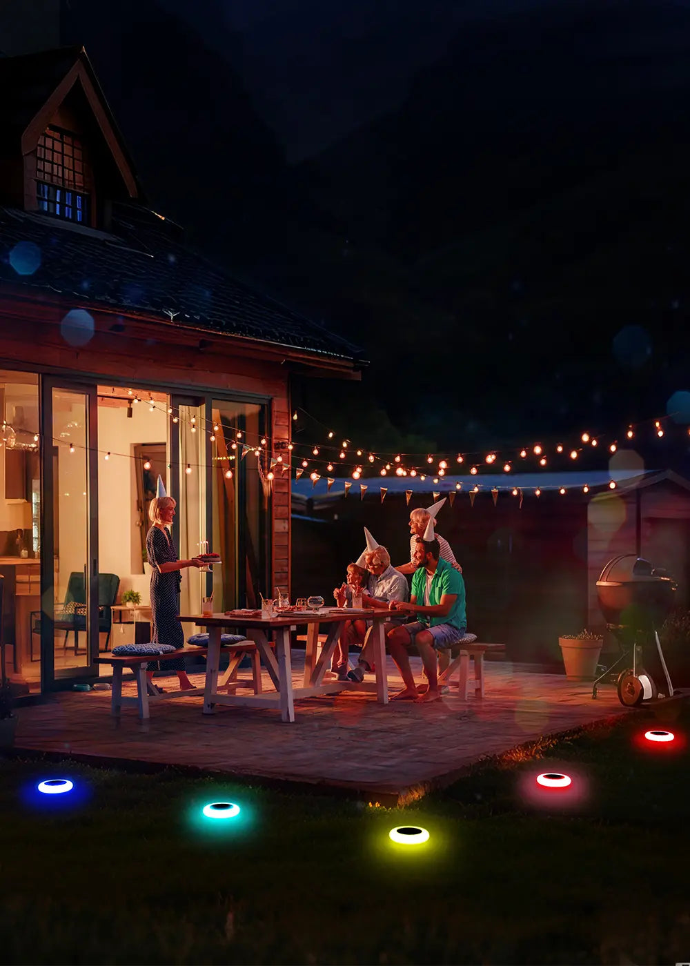 Vertical shot intelamp color‑changing solar pathway ground lights, remote‑control multi‑color LED landscape lights for backyard family evening party garden decor