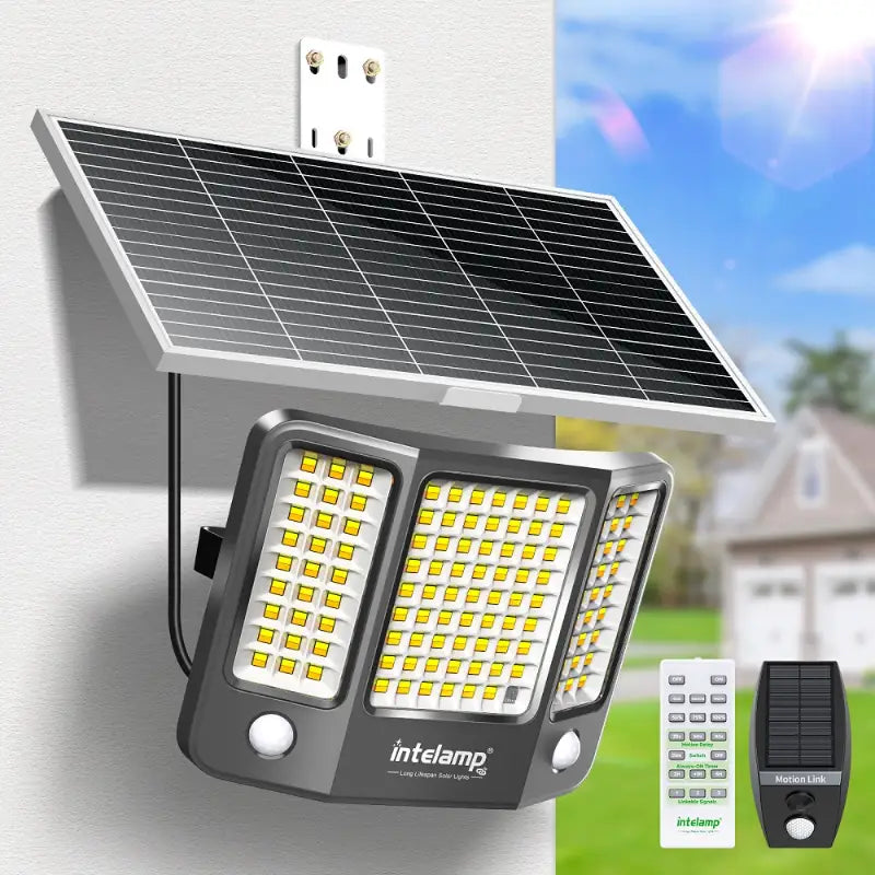 intelamp linkable solar flood light outdoor dual motion sensor security light with remote control and separate linked motion sensor 16.4 ft extension cable